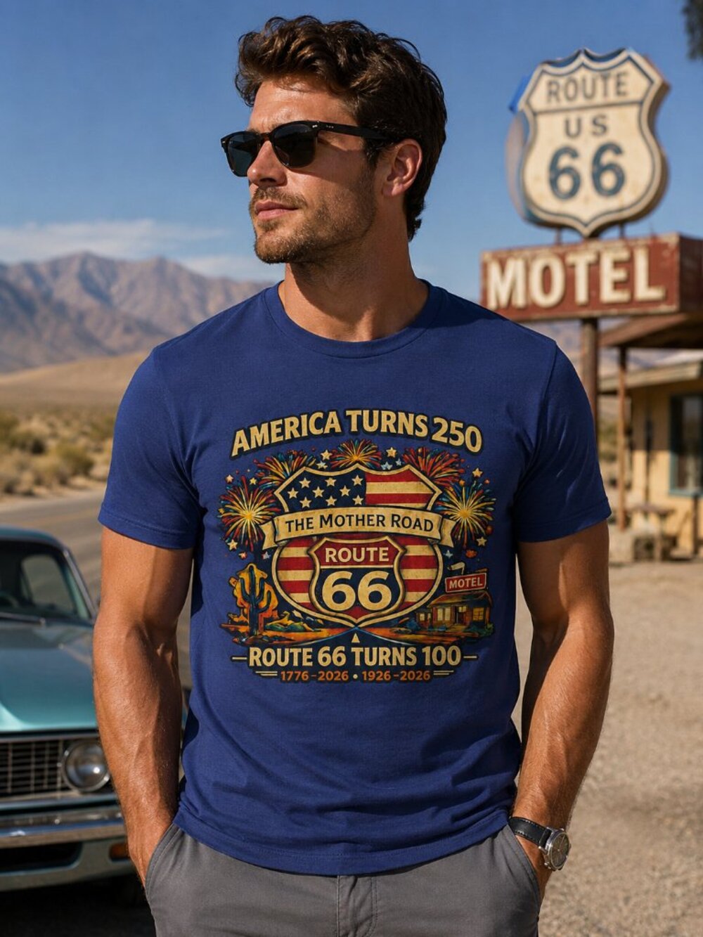 AMERICA turns 250 shirt, ROUTE 66 centennial retro patriotic USA Tee - Picture 3 of 8